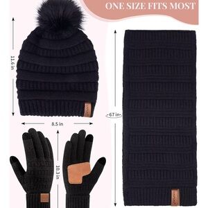 Black Knit Hat, Scarf, and Gloves Set
